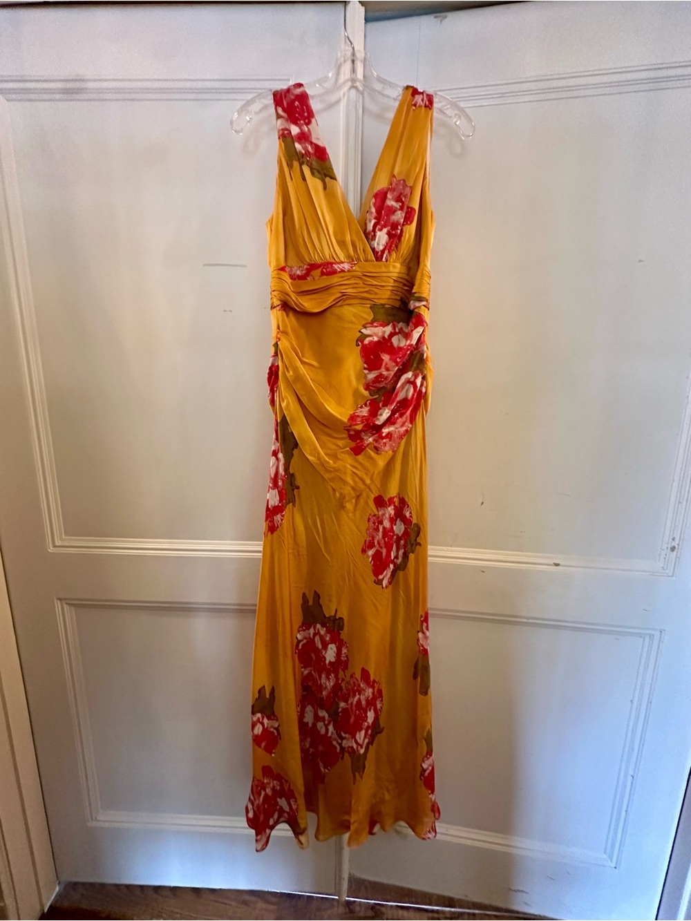 Kay Unger Mustard Yellow Maxi Dress with Red Floral Print